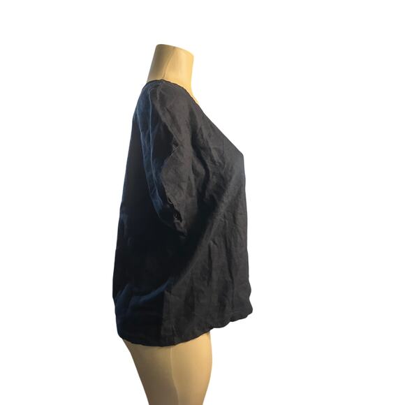Women L Quince Black Short Sleeved Blouse Shirt Top 100% Linen Flax - Picture 5 of 7
